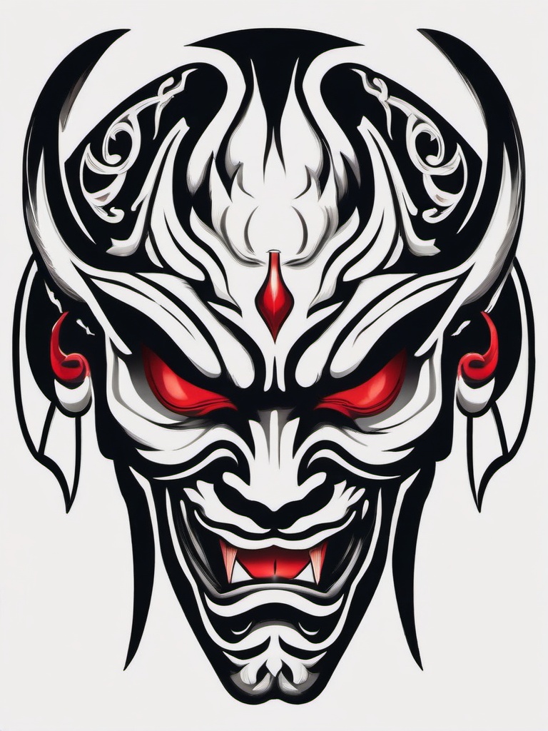 Oni Mask Tattoo Small - Smaller and more discreet tattoo featuring the iconic Oni mask.  simple color tattoo,white background,minimal