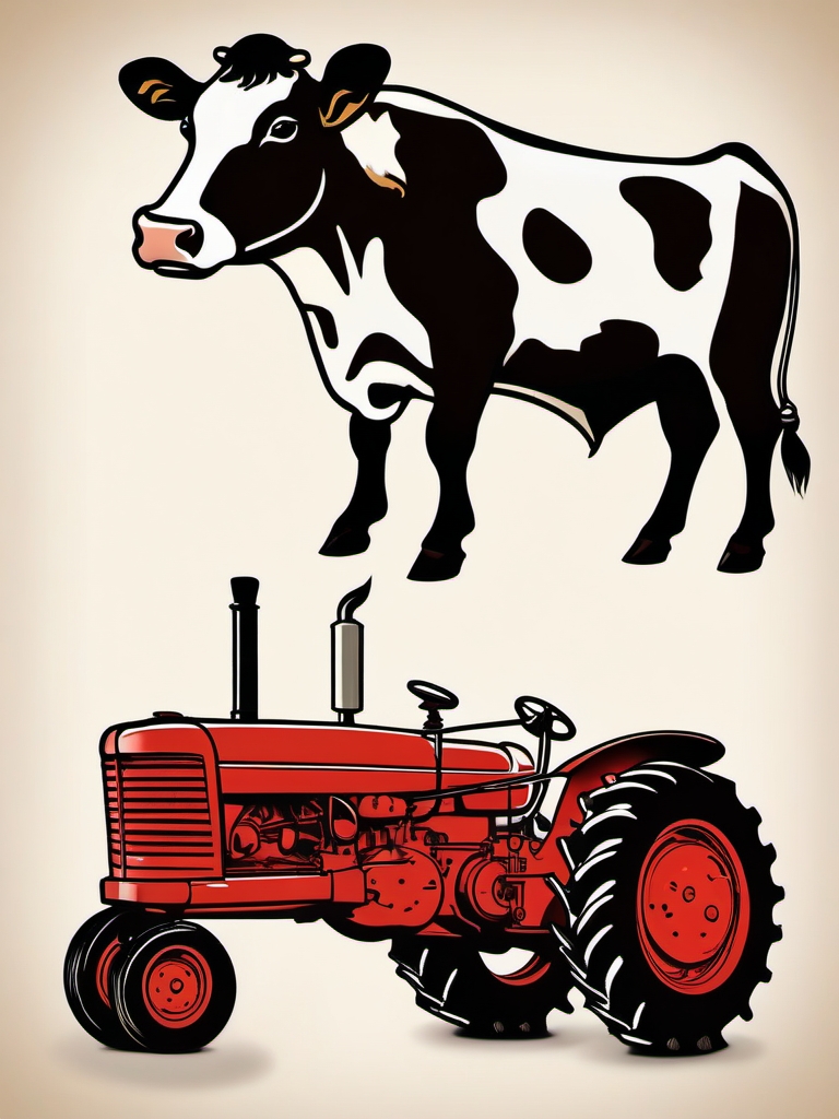 Cow and tractor design: Farming heritage, a tribute to hard work.  simple color tattoo style