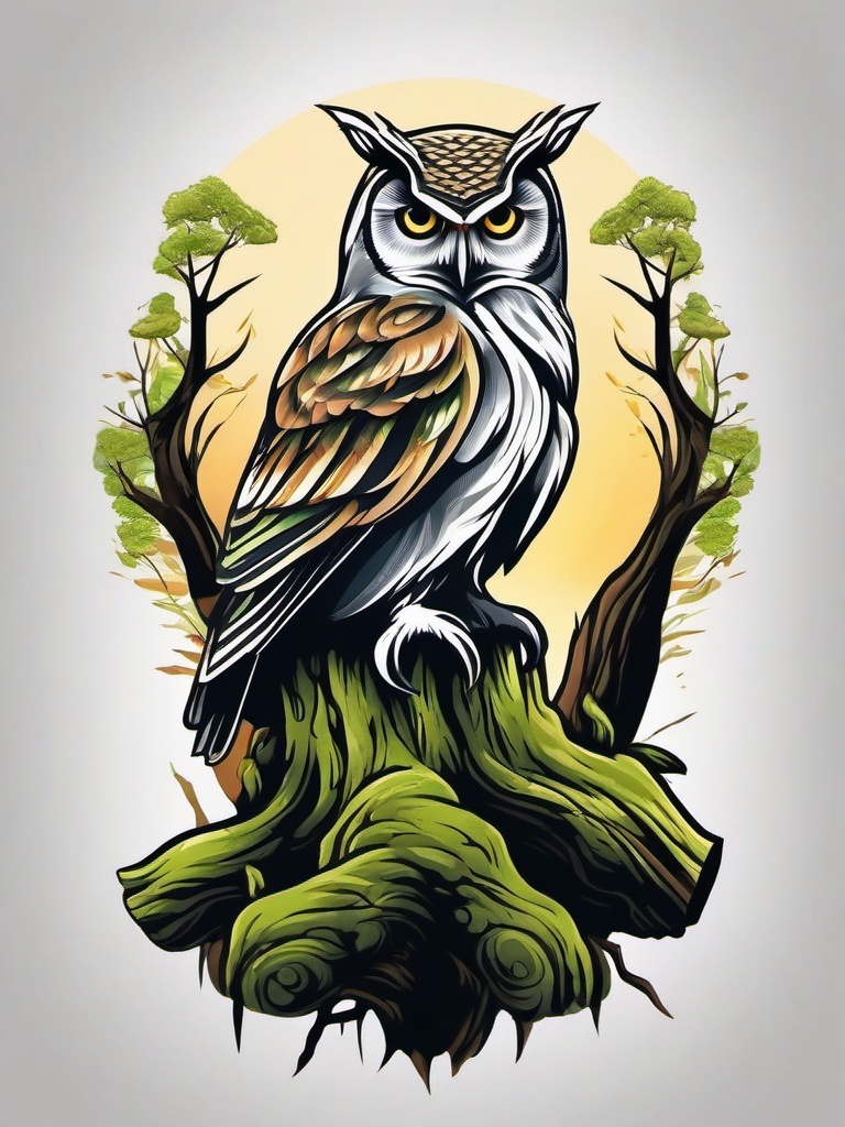 Owl Tattoo - Owl perched on a mossy tree stump, representing wisdom  color tattoo design, clean white background