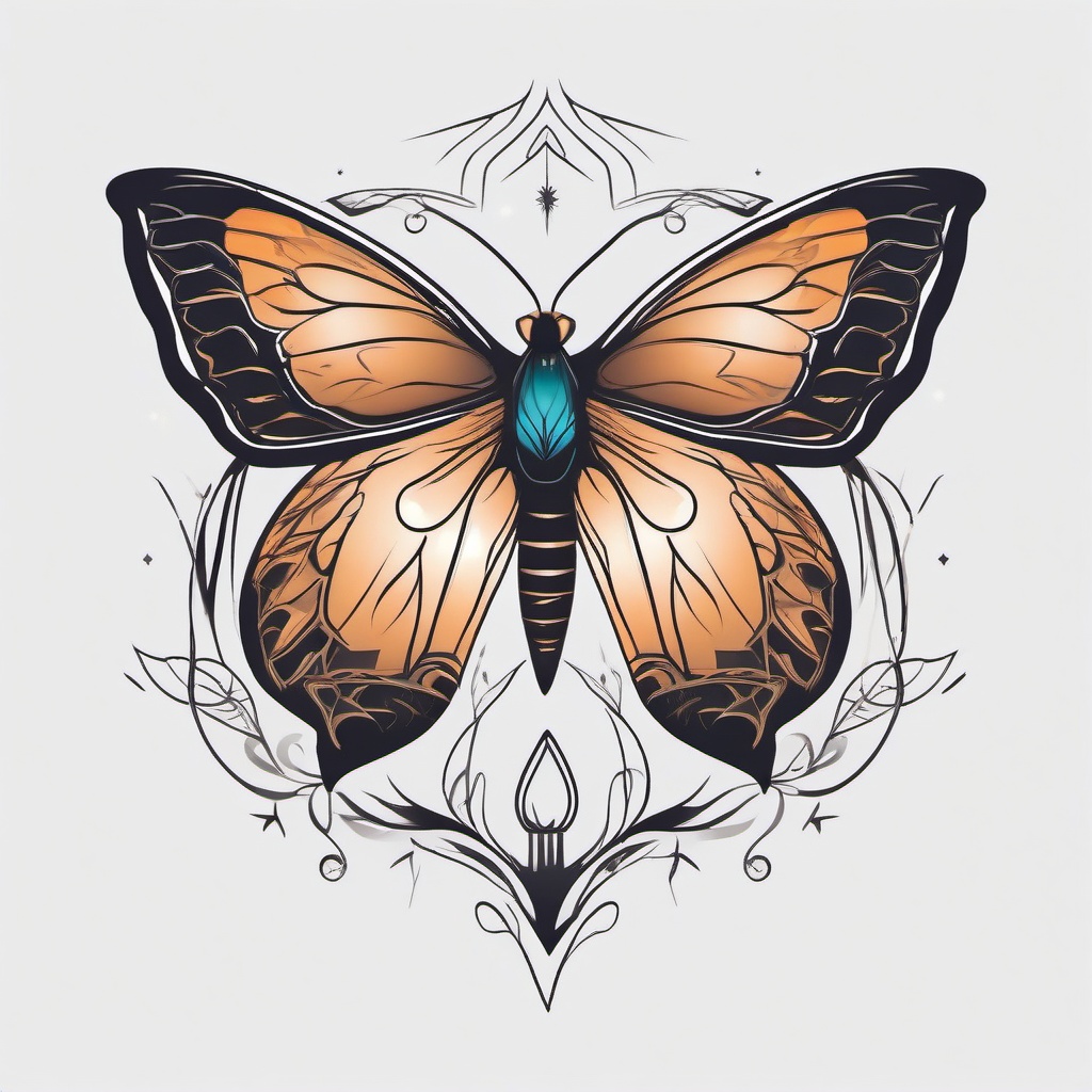 Light and Moth Tattoo - Embrace ethereal and luminous vibes with a tattoo featuring a moth drawn to light, symbolizing curiosity and transformation.  simple vector color tattoo, minimal, white background