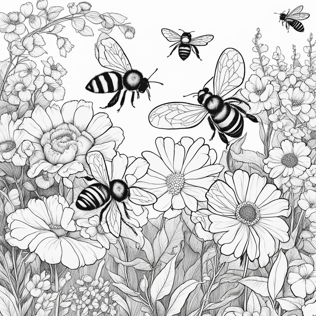 flower coloring pages - bees collect nectar from colorful flowers in a vibrant garden. 