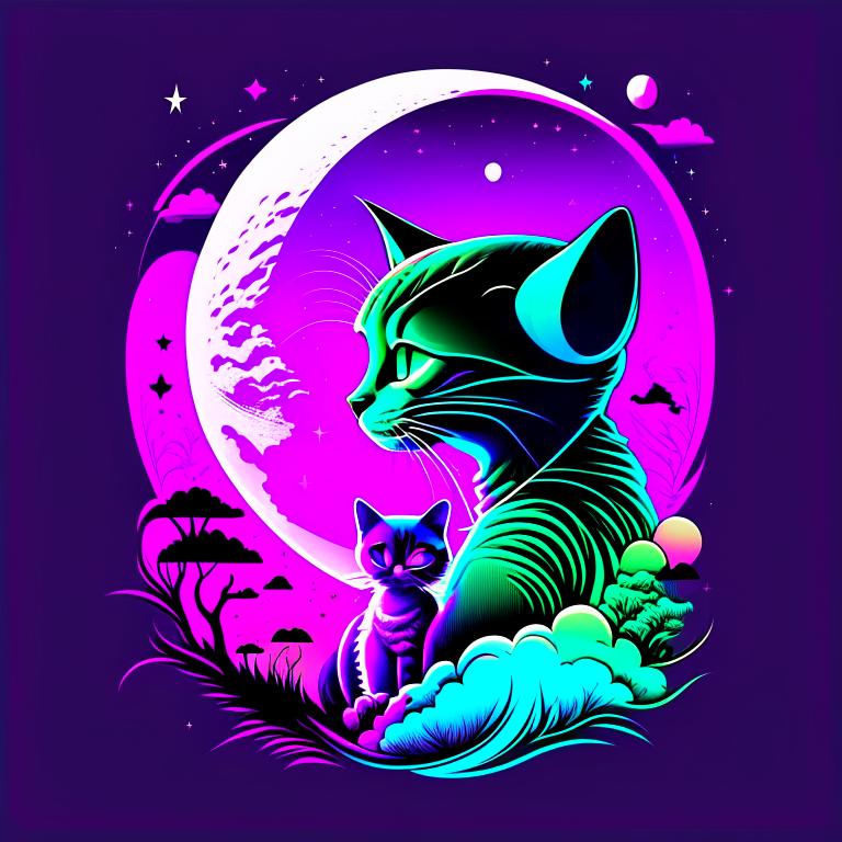 A vector design for a t-shirt of an alien standing a little sneakily while hugging a pet cat tight with the moon behind him in the background, vector graphic, t-shirt design, vibrant colors