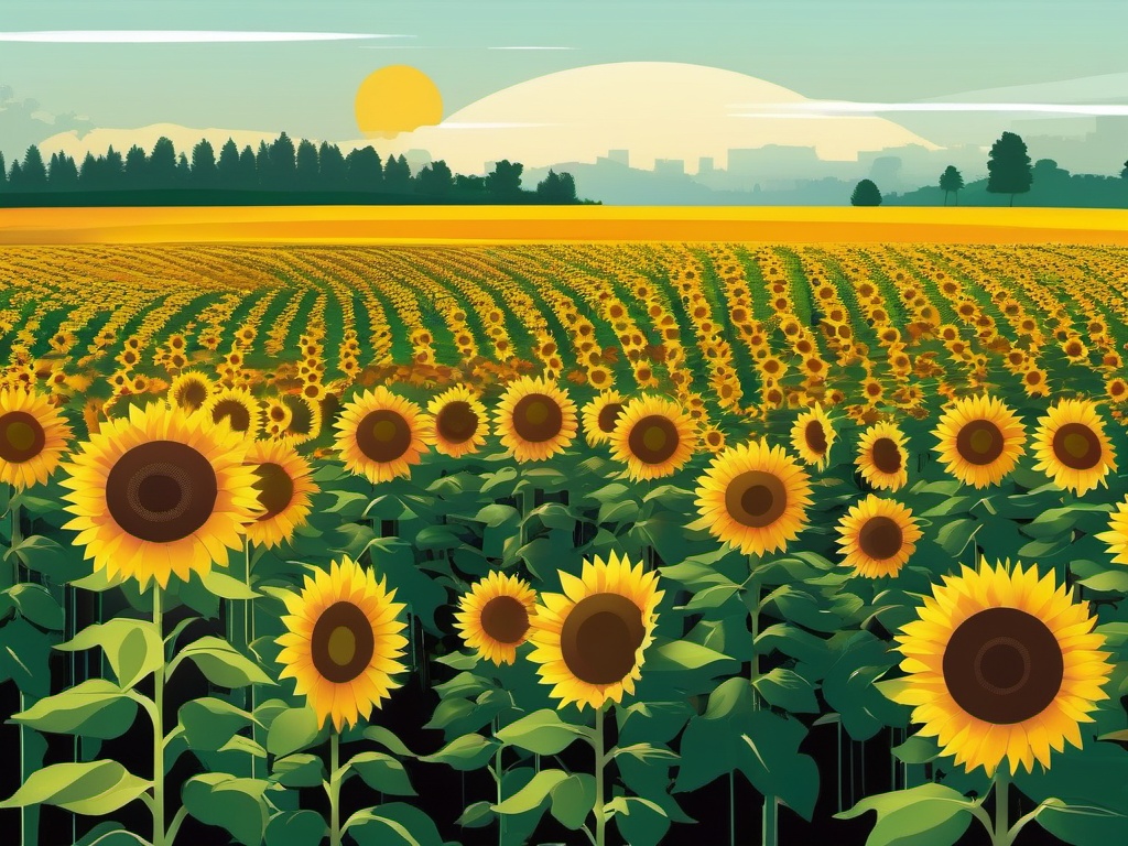 Sunflower Field Clipart - Expansive sunflower field bathed in sunlight.  color clipart, minimalist, vector art, 