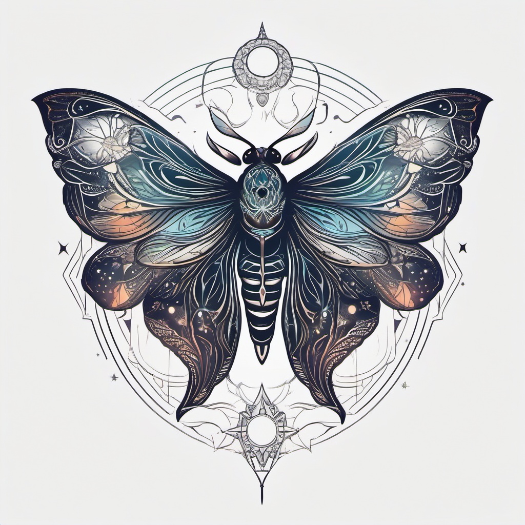 Celestial Moth Tattoo - Infuse cosmic elements into your tattoo with a celestial-inspired moth design.  simple vector color tattoo, minimal, white background