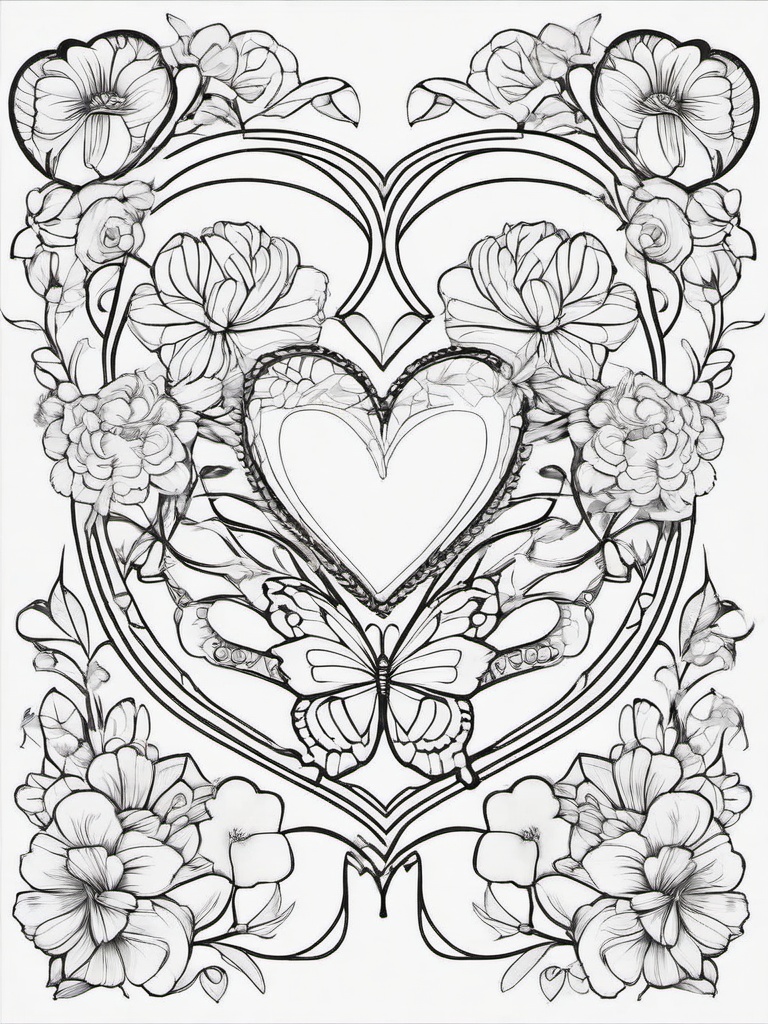 Heart with Flowers and Butterflies Coloring Pages - Floral and Butterfly Heart Design  minimal black outline printable sheet, coloring page