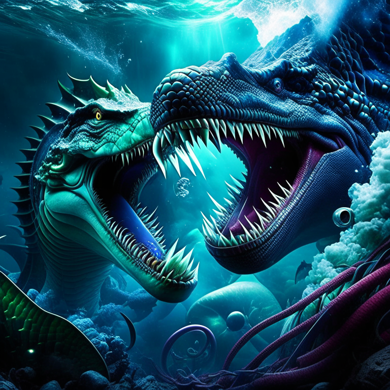 leviathan vs sea serpent - deep-sea clash in the abyssal trench, titanic serpents battling for dominance. 