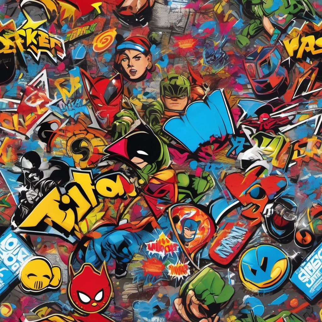 Graffiti featuring pop culture icons and vibrant, comic book colors top view, product photoshoot realistic background, hyper detail, high resolution