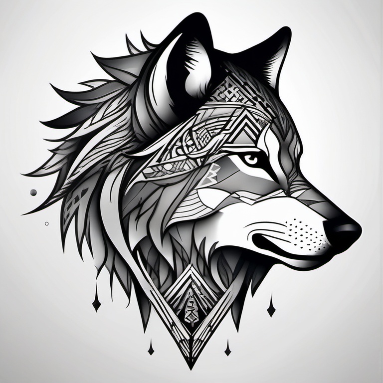 Half Wolf Half Geometric Tattoo - A striking fusion of a wolf and geometric patterns in a tattoo.  simple color tattoo design,white background draw in charcoal style