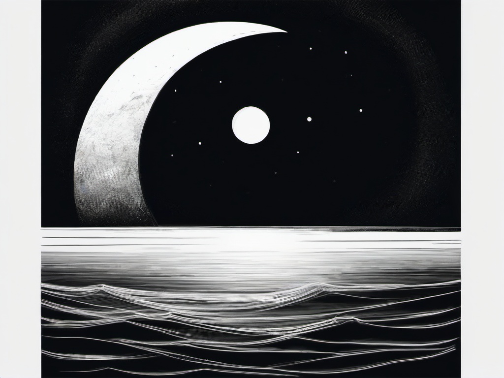 drawing of a moon over the ocean  minimal rough sketch scribbles,doodles,black and white