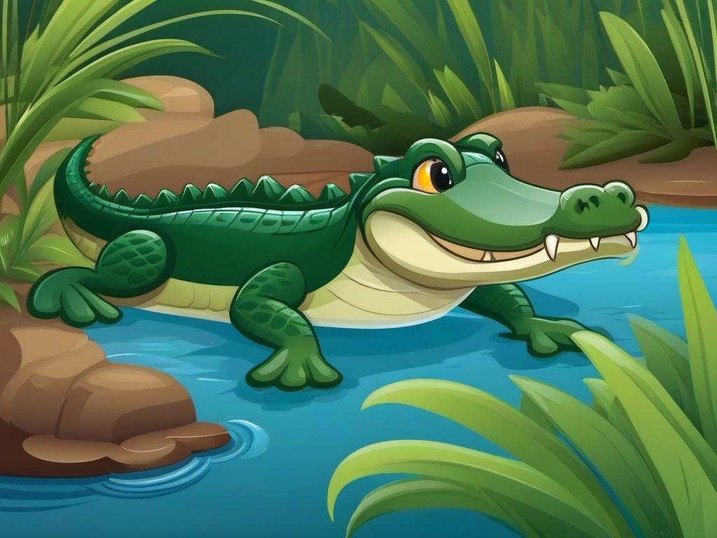 Alligator Cartoon - Cartoon of alligator swimming in river  