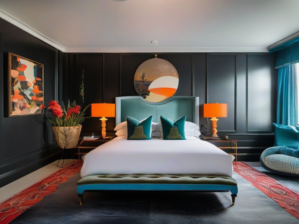 In the guest bedroom, surrealist interior design offers an imaginative atmosphere with whimsical furnishings, surreal artwork, and playful accents that ensure a memorable stay for visitors.  