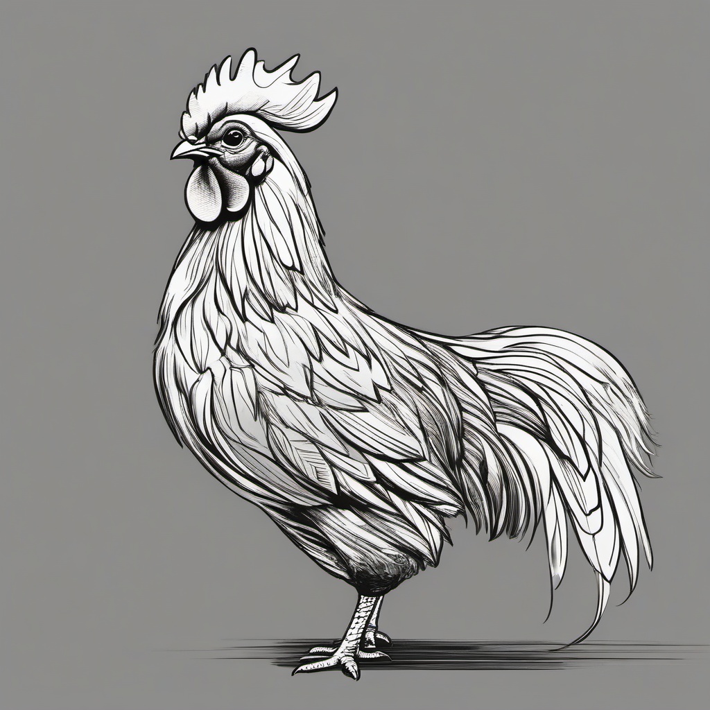 drawing of a chicken with bright feathers  minimal rough sketch scribbles,doodles,black and white