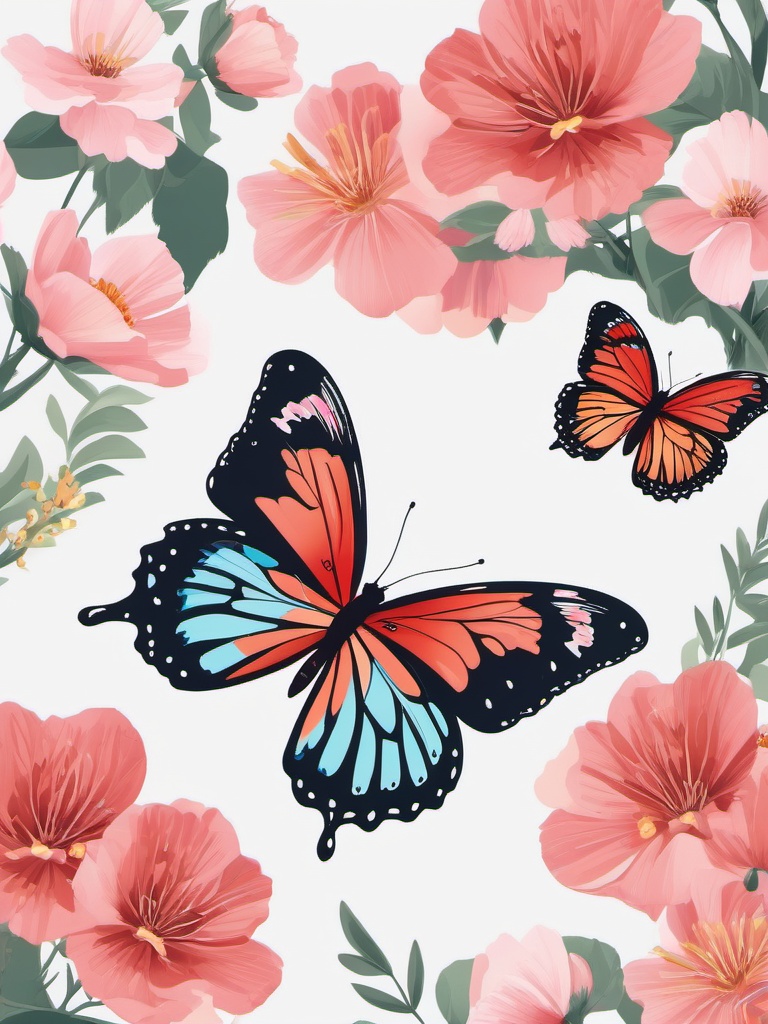 Butterfly Clipart - Butterfly fluttering among blooming blossoms , minimal, 2d