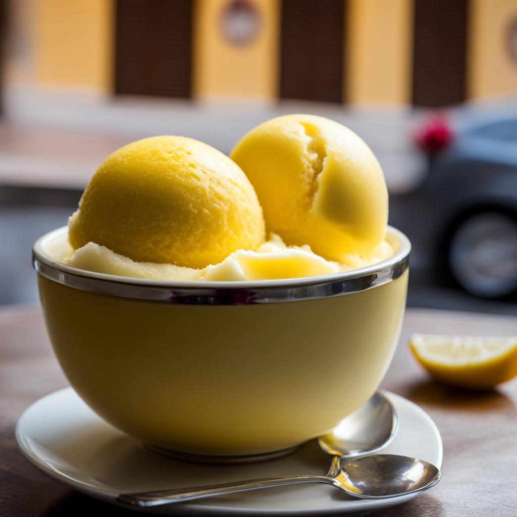 sorbetto al limone, italian lemon sorbet, enjoyed at a gelato shop on the amalfi coast. 