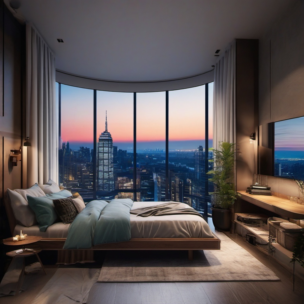 City Skyline Sleeping Sanctuary - Design a bedroom with a skyline view and urban aesthetics. , bedroom interior decor design ideas, multicoloured, photo realistic, hyper detail, high resolution,