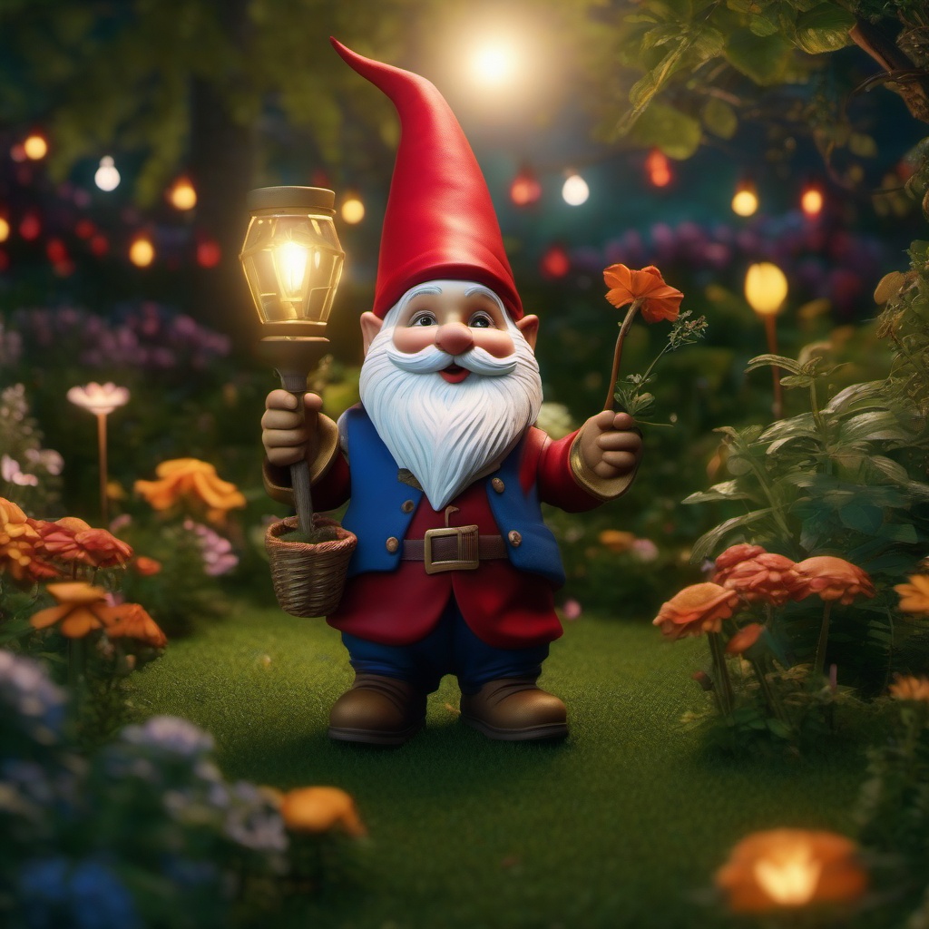 Mischievous garden gnome orchestrates a whimsical, nocturnal garden party.  8k, hyper realistic, cinematic