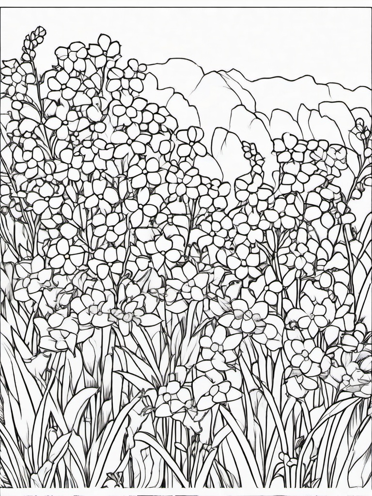 Forget-Me-Not coloring page sheet - Tiny forget-me-nots blooming in a quiet corner of the garden.  black outline printable coloring page