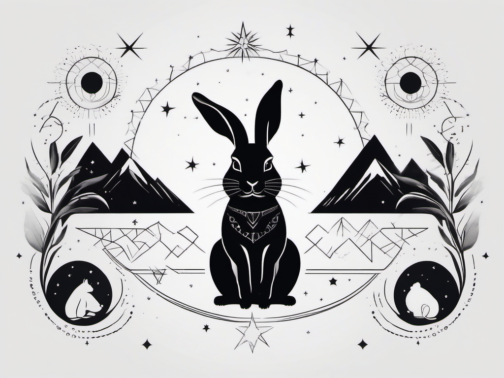 Black rabbit with celestial elements tattoo. Cosmic bunny connection.  minimalist black white tattoo style