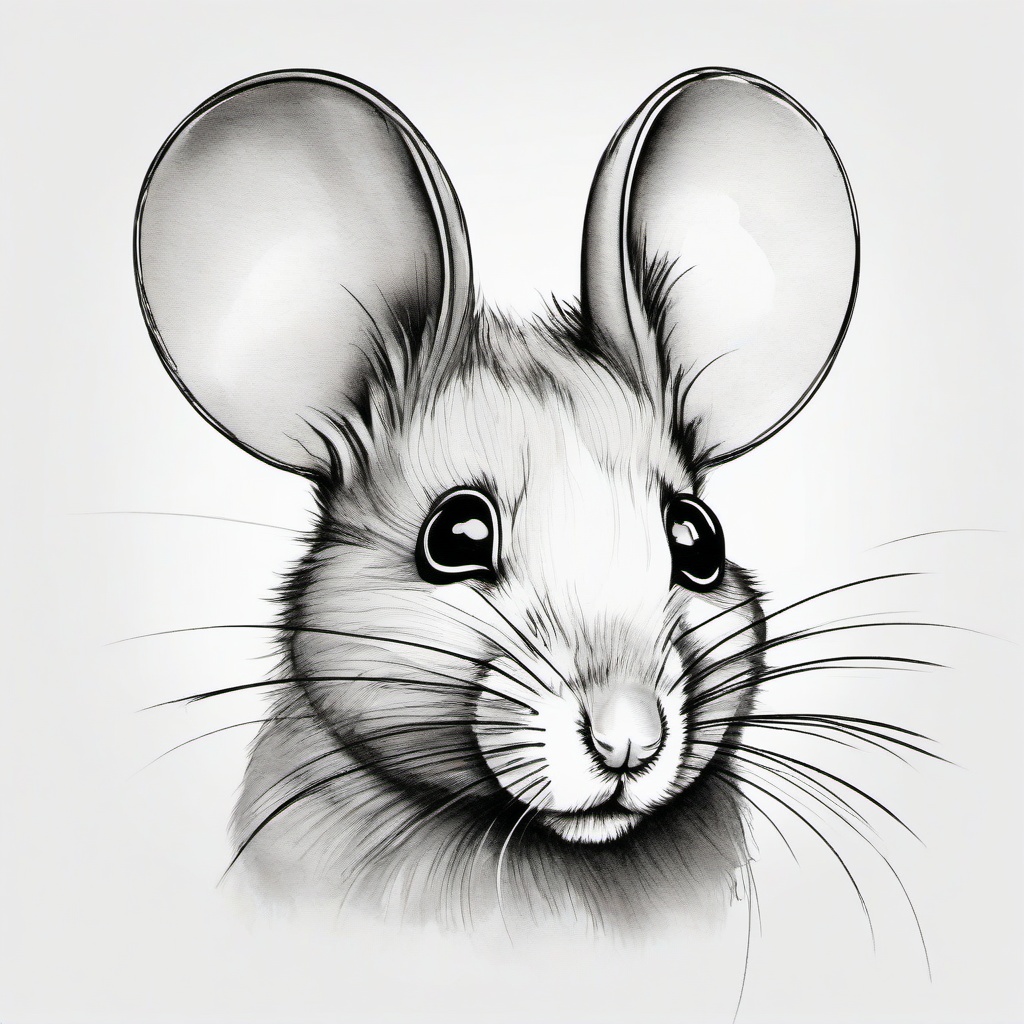 drawing of a mouse with big round ears  minimal rough sketch scribbles,doodles,black and white