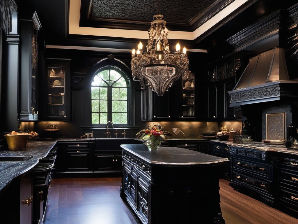 Gothic kitchen incorporates dark cabinetry, rich textures, and ornate details, creating a dramatic and sophisticated space for culinary creations.  