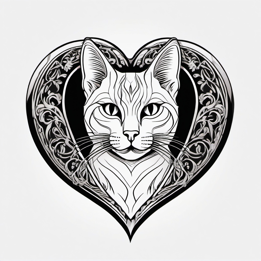 Cat in Heart Tattoo - Tattoo featuring a cat inside a heart-shaped design.  minimal color tattoo, white background