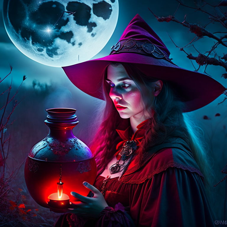 witch of the haunted moor, brewing potions under a blood moon's eerie light. 