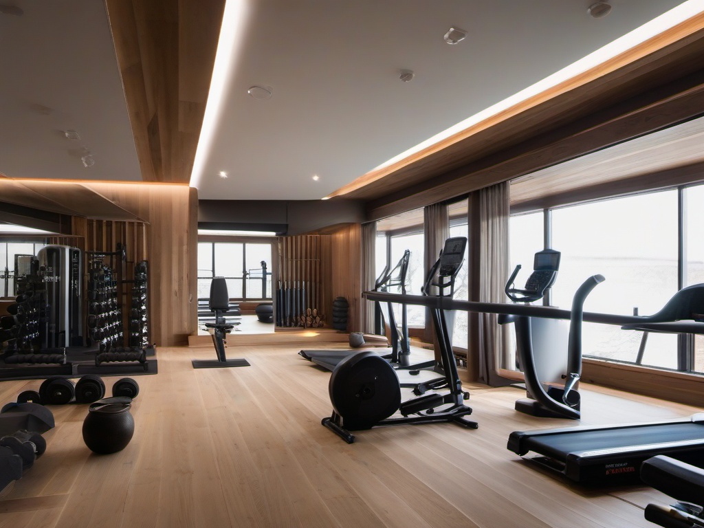 In the gym room, Wabi Sabi interior design includes simple workout equipment, natural materials, and a well-organized layout that enhances fitness activities in a calming environment.  