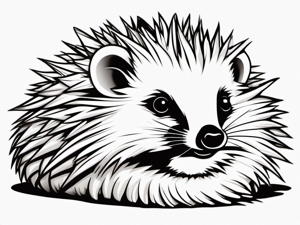 Hedgehog Tattoo - Adorable hedgehog curled up into a spiky ball  few color tattoo design, simple line art, design clean white background