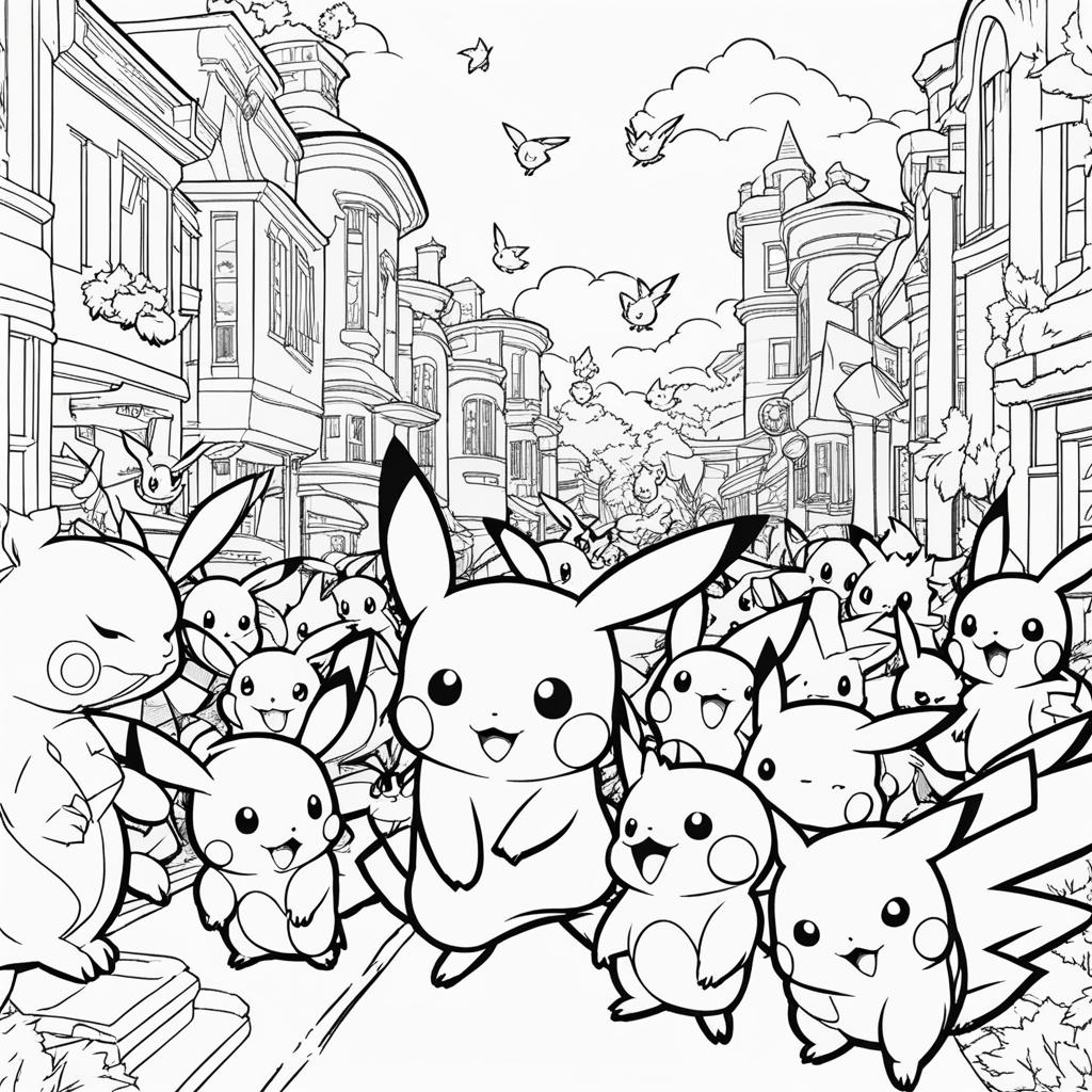 pokemon coloring pages - pikachu leads a parade of pokemon through a lively town. 