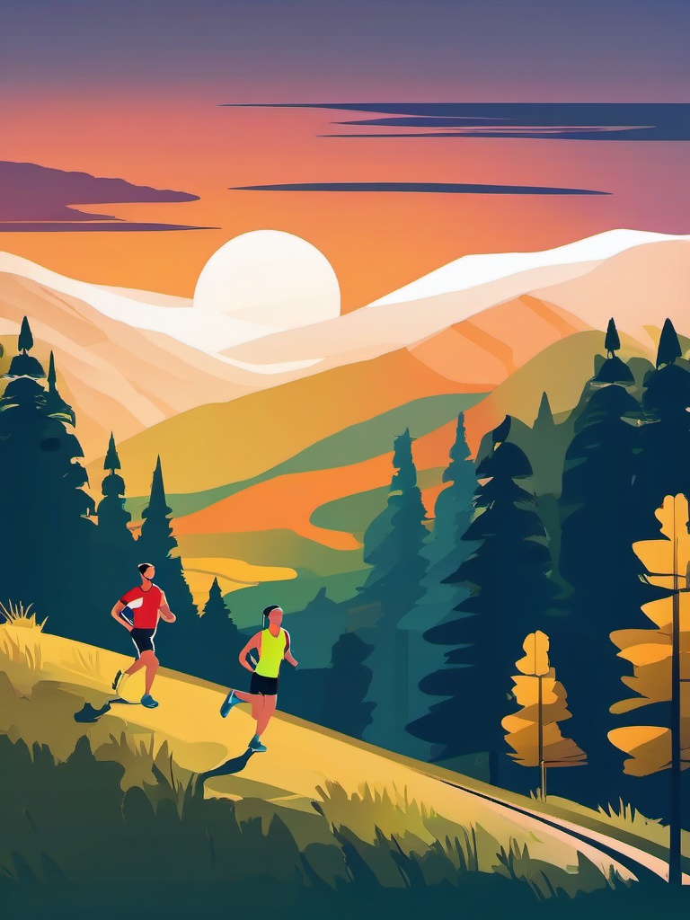 Trail Running in Beautiful Scenery Clipart - Trail runners in breathtaking natural scenery.  color vector clipart, minimal style