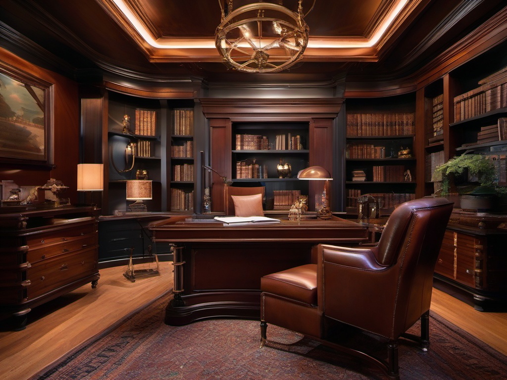 Steampunk study evokes a futuristic Victorian charm with leather-bound books, exposed copper piping, and an oversized mahogany desk that blends the mechanical with the intellectual.  