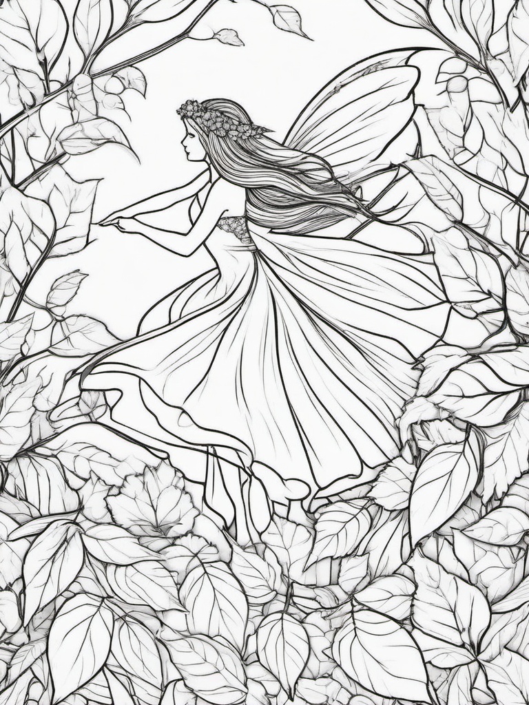 Fairy with Autumn Leaves Coloring Pages - Fairy Frolicking in Falling Autumn Leaves  minimal black outline printable sheet, coloring page