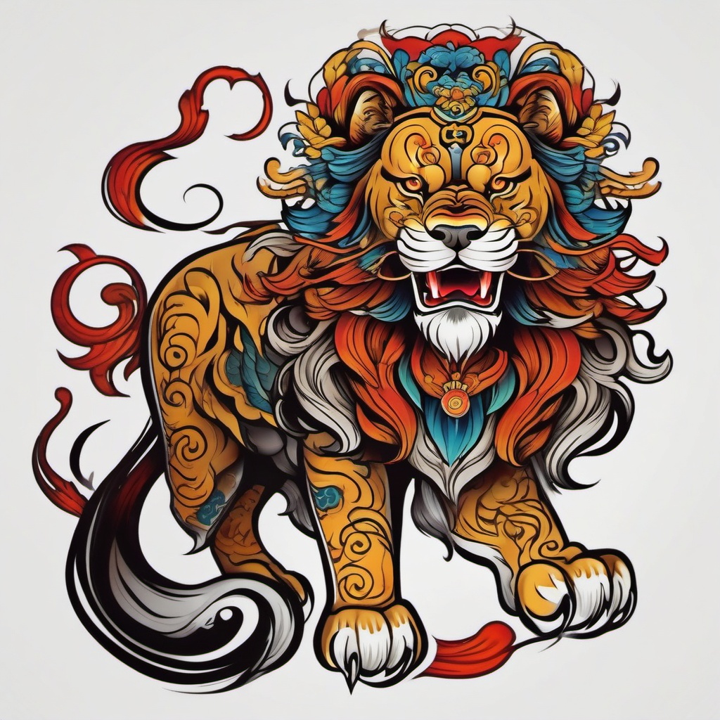 Chinese lion dog tattoo, Tattoos inspired by the lion-like mythical creatures in Chinese folklore. , color tattoo designs, white clean background