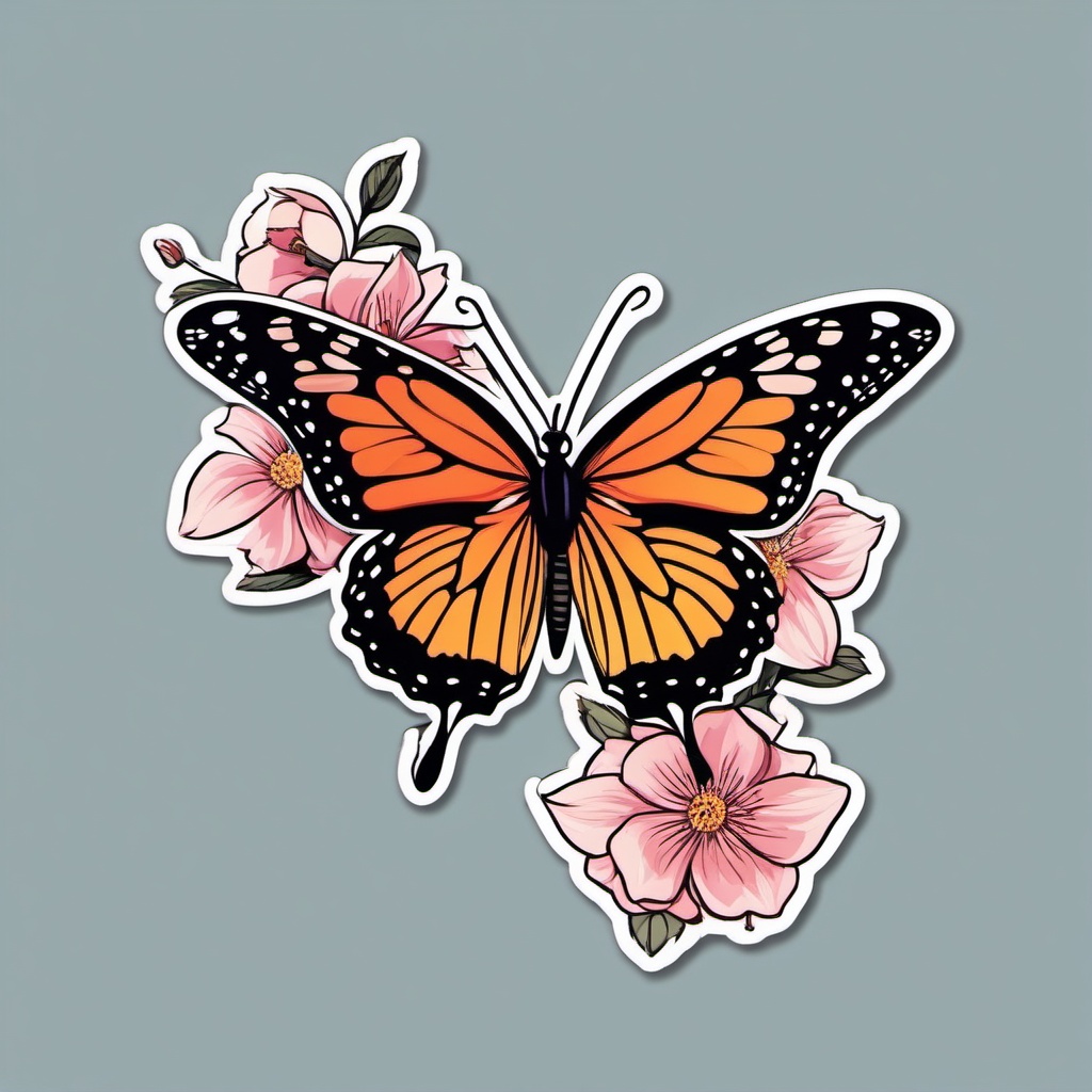 Butterfly and Blossoms Sticker - Butterfly near blooming flowers, ,vector color sticker art,minimal