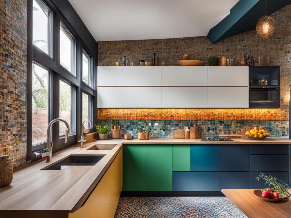 vibrant and artsy kitchen with colorful mosaic tiles and eclectic decor. 