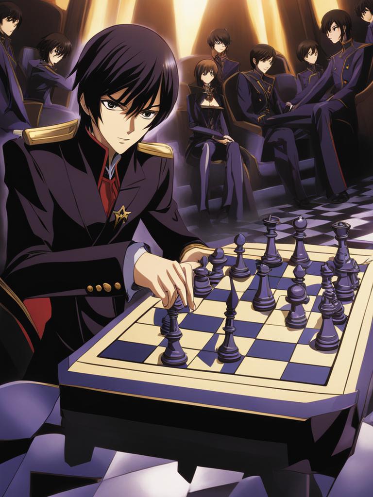 lelouch lamperouge commands his forces in a strategic chess-like battle from the cockpit of a knightmare frame. 