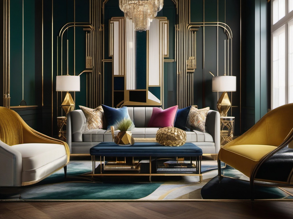 Art Deco Elegance - Incorporate the glamorous and geometric style of art deco in your living room. , living room decor ideas, multicoloured, photo realistic, hyper detail, high resolution,