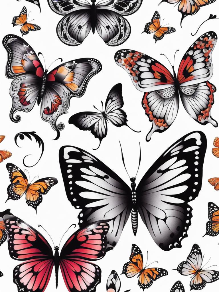 Butterfly tattoo patterns,Patterns and motifs for butterfly-themed tattoos. , color tattoo design, white background