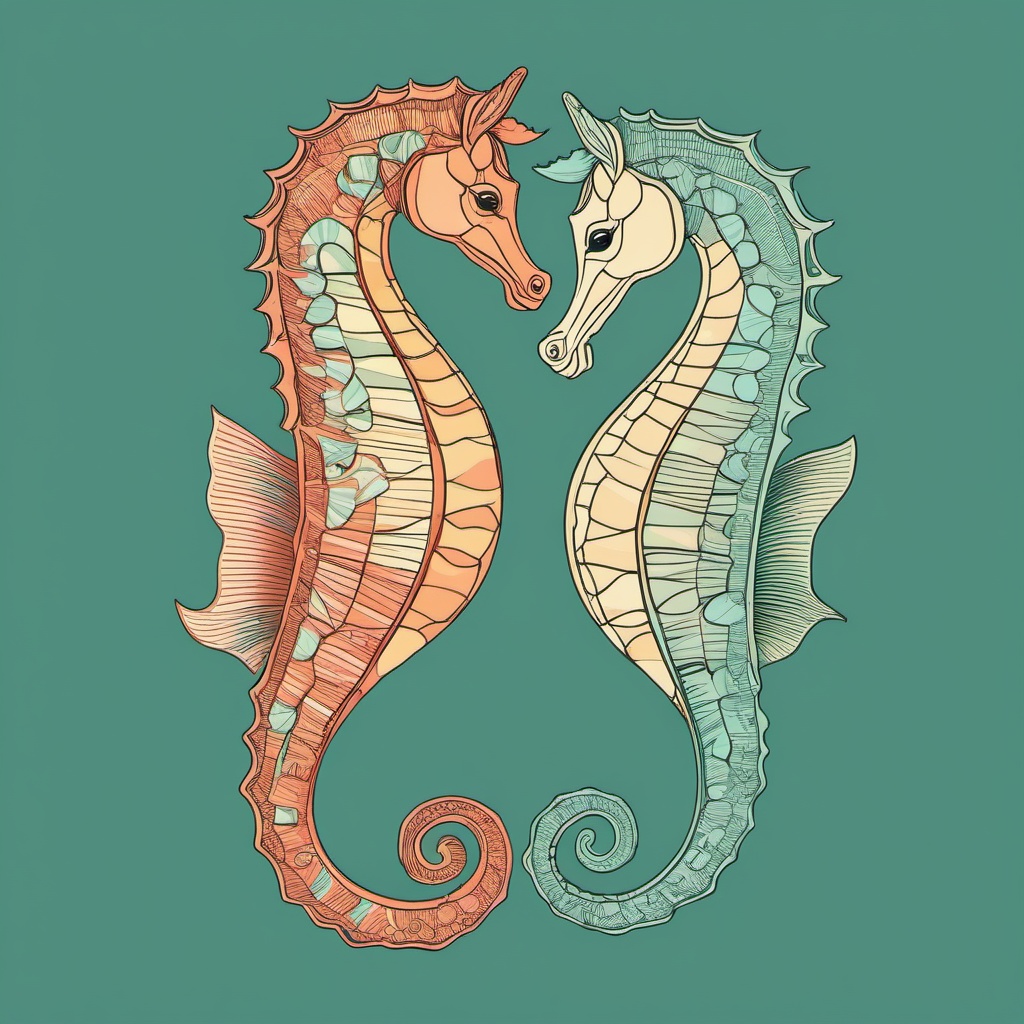 Delicate Sea Horse Embrace Clip Art - Two seahorses embracing in delicate dance,  color vector clipart, minimal style