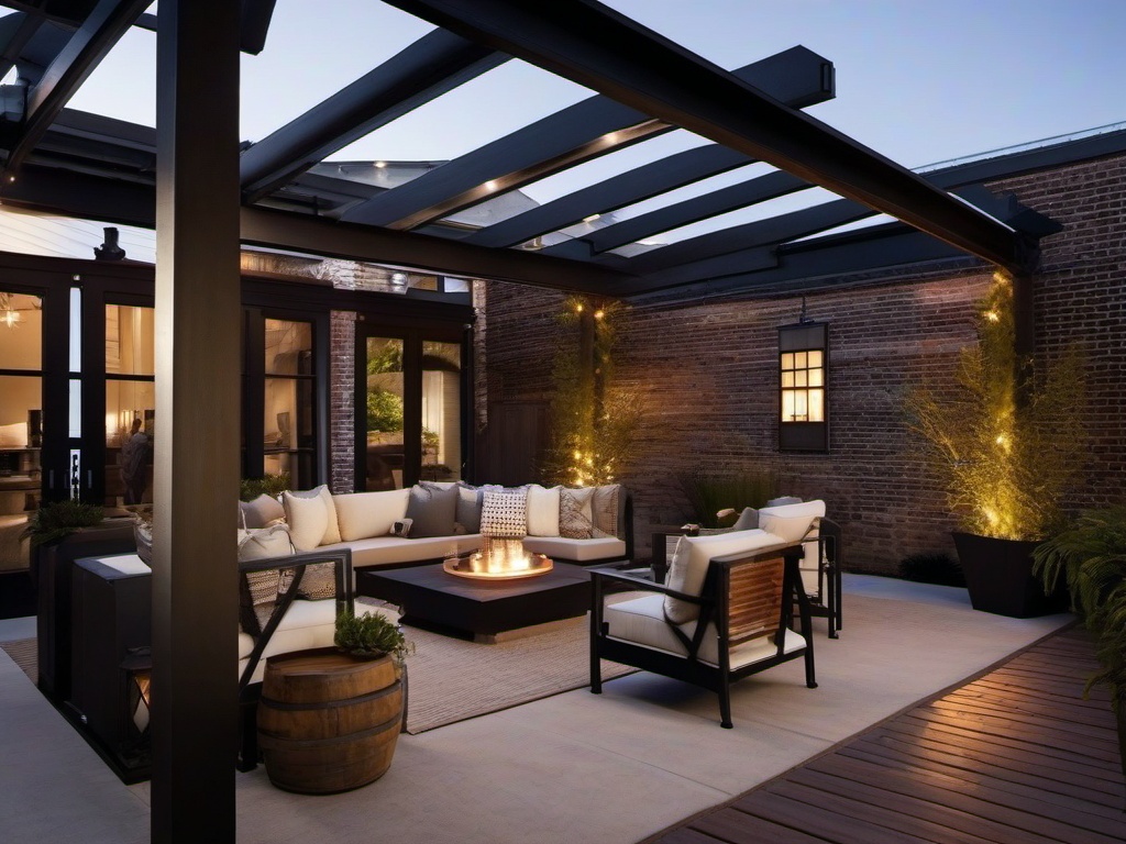 Industrial patio incorporates metal furniture, wooden accents, and exposed beams, giving it a trendy urban vibe that enhances outdoor living.  