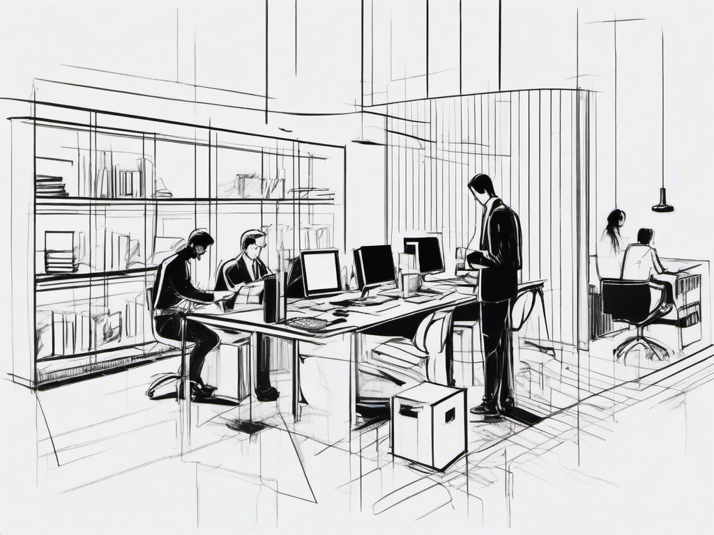 drawing of people working in an office  minimal rough sketch scribbles,doodles,black and white