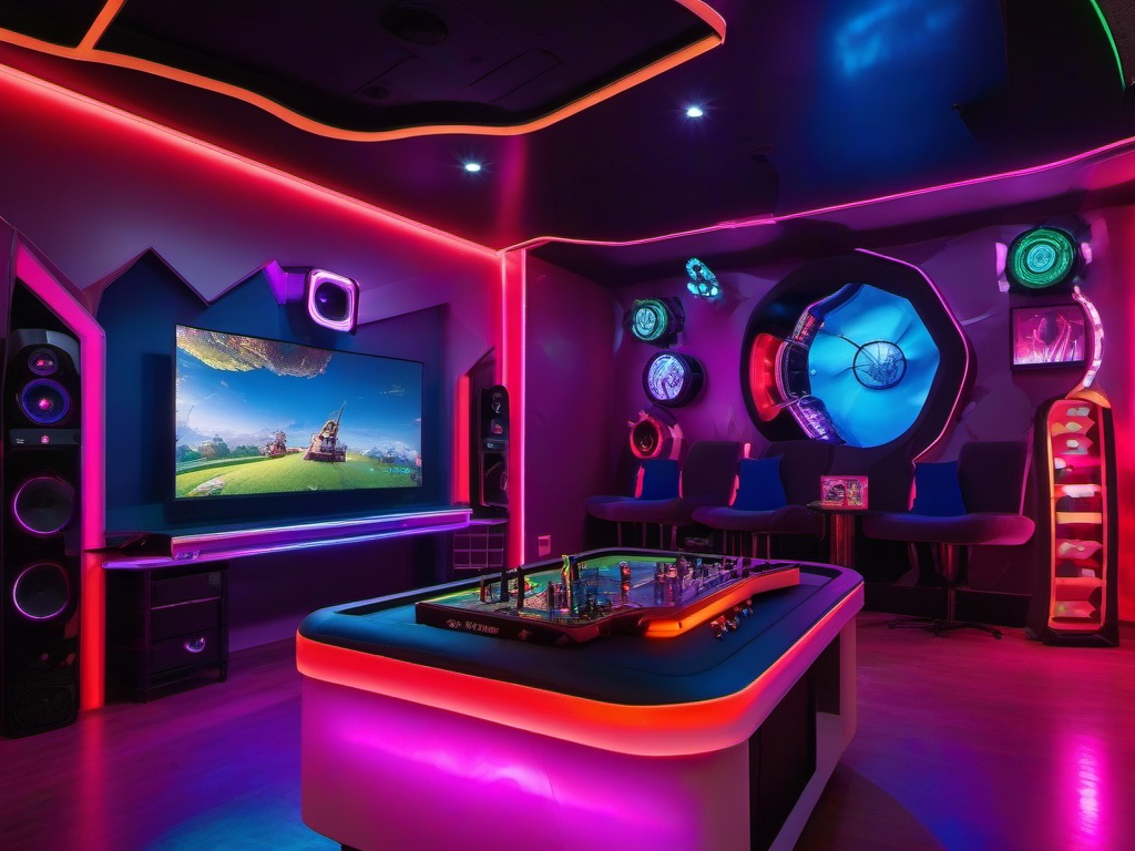 In the gamer room, surrealist interior design features immersive elements, vibrant colors, and unconventional gaming setups that create a captivating environment for gaming adventures.  