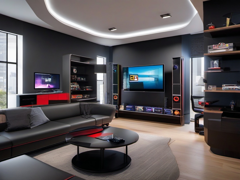 Bauhaus gamer room highlights sleek, ergonomic furniture, minimalistic storage solutions, and bold geometric accents, blending form with modern gaming function.  