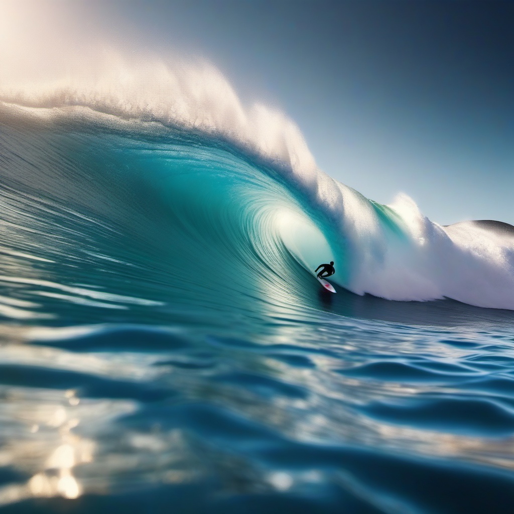 Surfing and catching the perfect wave close shot perspective view, photo realistic background, hyper detail, high resolution