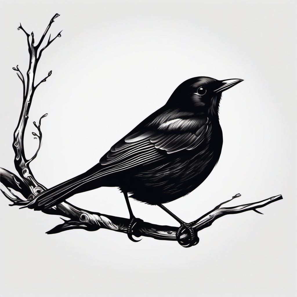 Blackbird Tattoo - Blackbird perched on branch  minimalist tattoo design, white background