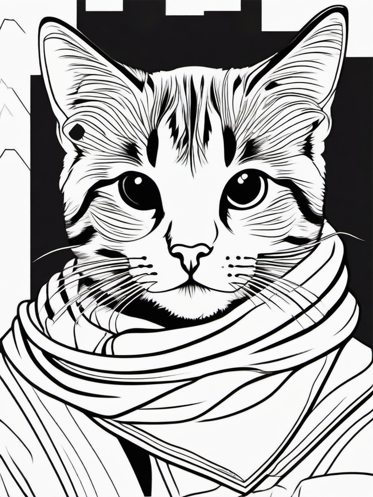 Cat with Scarf Coloring Pages - Stylish Feline Ready for Winter  minimal black outline printable sheet, coloring page