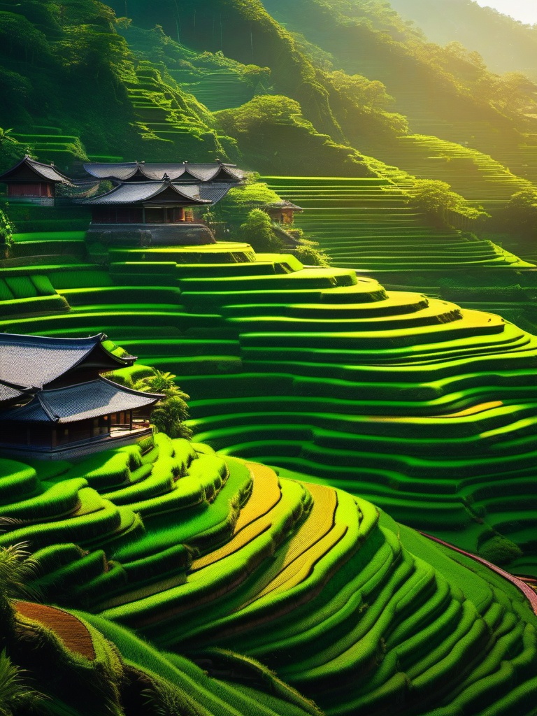 Lush terraced rice fields, carved into the mountainside, cascade down like nature's staircases, a testament to the harmonious relationship between humanity and the earth. hyperrealistic, intricately detailed, color depth,splash art, concept art, mid shot, sharp focus, dramatic, 2/3 face angle, side light, colorful background