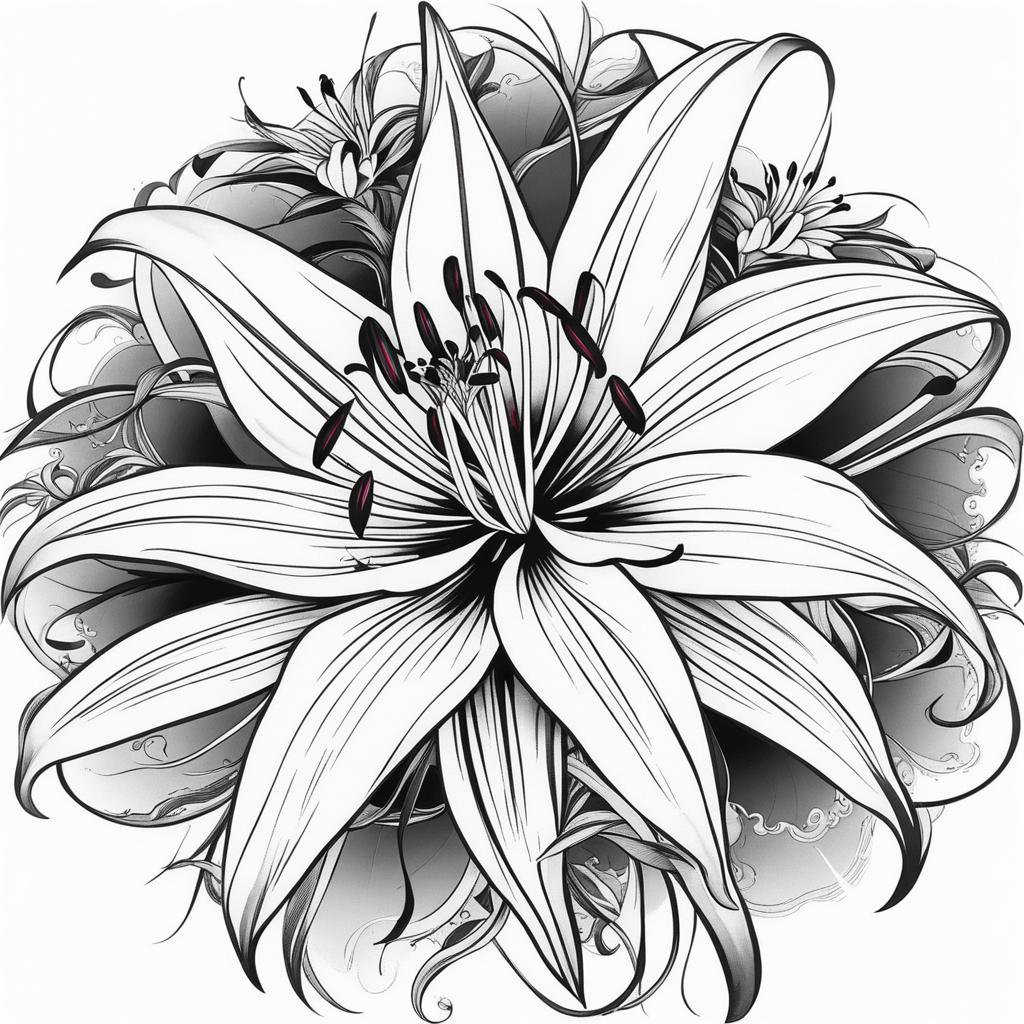 Spider lily tattoo, Tattoos featuring the unique and exotic spider lily flower. colors, tattoo patterns, clean white background