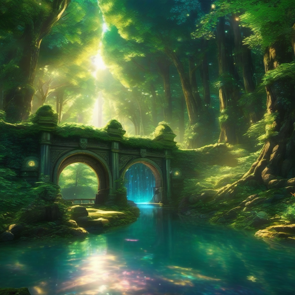 Enchanted forest with mystical portals to other realms. anime, wallpaper, background, anime key visual, japanese manga