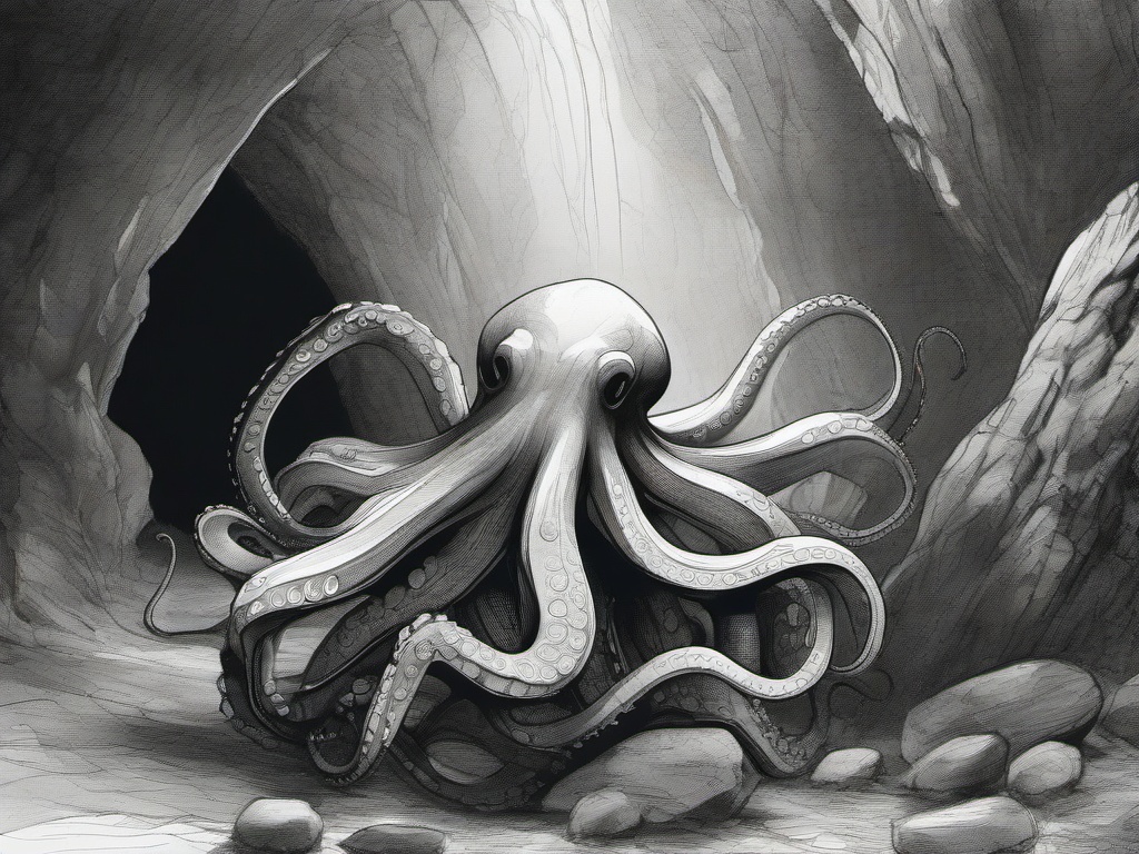 drawing of an octopus in a cave  minimal rough sketch scribbles,doodles,black and white